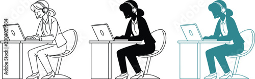 Woman working at laptop computer call center headset typing keyboard job.