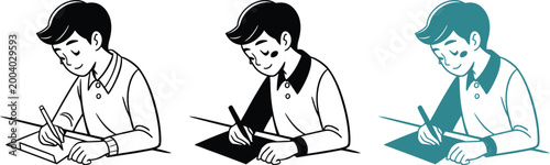 Young boy writing on paper at desk vector illustration for education and homework concept.