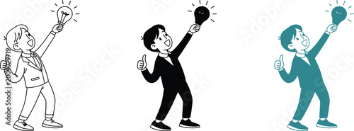 Business man holding light bulb as creative idea symbol in three different vector styles.