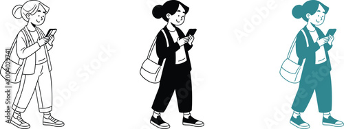 Young woman looking at smartphone holding shoulder bag line art illustration vector set.
