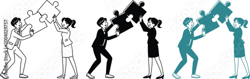 Business people assembling puzzle pieces together representing teamwork and strategy.