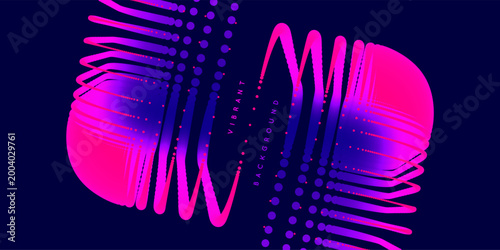 A cubic figure cut in half and the parts offset. Technological background. Pulsating electrical energy in multilayered movement. Cold neon glow effect. Industrial style for digital projects. 3D vector