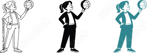 Business woman spinning basketball on finger isolated on transparent background vector art.