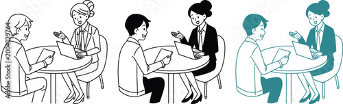 Business people meeting at desk discussing project with laptop and phone.