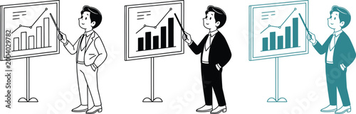 Businessman giving presentation showing chart and graph on whiteboard vector illustration.