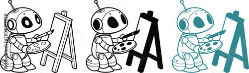 Cyborg artist robot painting on easel with palette in line drawing and solid style icons.