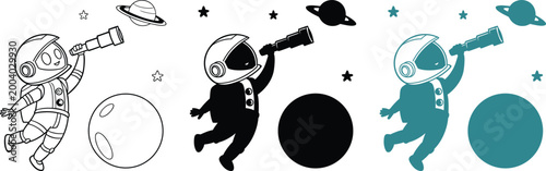Cute astronaut floating in space using telescope with planets and stars in various styles.