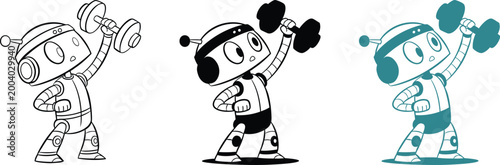 Cartoon robot lifting heavy dumbbell weight in line art silhouette and teal color design.