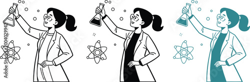 Female scientist holding flask experiment research lab chemistry science.