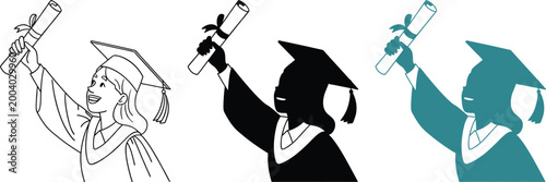 Graduating student holding diploma scroll achievement success education career.