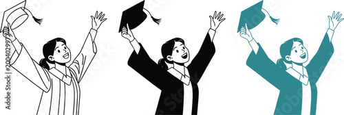 Happy girl in graduation robe throwing cap in air on transparent background vector icons.