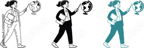 Female teacher pointing at globe vector illustration for geography and global education.