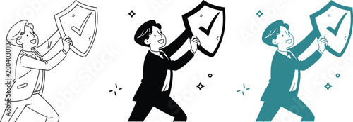 Man holding shield with check mark symbol representing security and protection.