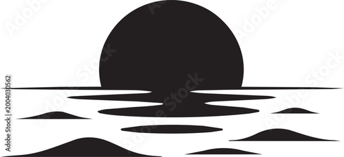 a striking black silhouette depicting a setting sun over a calm ocean