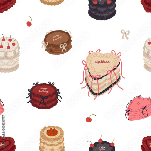 Birthday cakes, seamless pattern. Endless holiday texture, cream desserts, re...