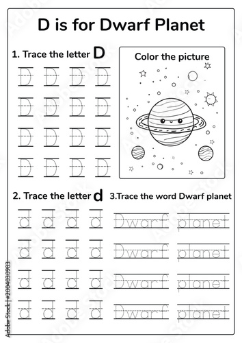 Letter D for Dwarf Planet tracing worksheet for preschool and kindergarten kids. Space alphabet activity with dotted letter D practice, handwriting exercise, early literacy printable.
