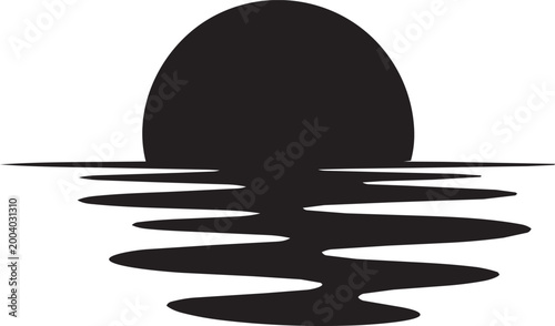 a striking black silhouette depicting a setting sun over a calm ocean
