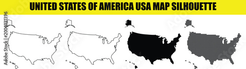 United states of america usa map silhouette set featuring simple outline solid black shape and digital dot grid pattern.
