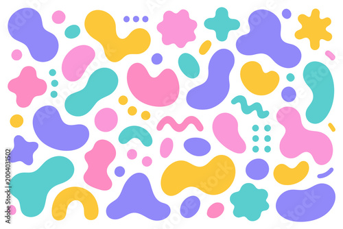 Memphis style abstract seamless pattern with colorful fluid blobs, playful retro geometric shapes in modern flat vector design