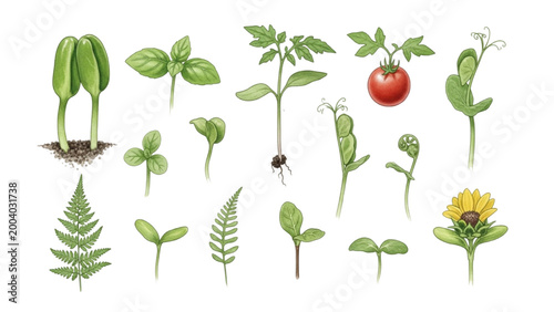 Botanical illustration set showcasing the detailed growth stages and development of various plant sprouts and seedlings