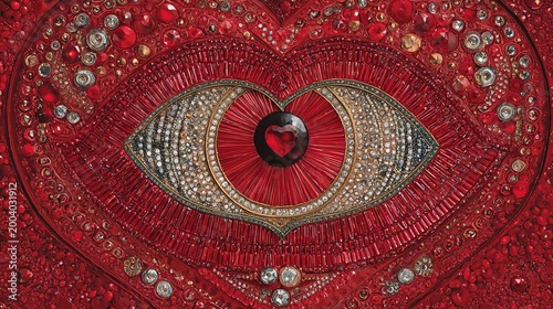 A stunning red heart-shaped artwork featuring an eye with intricate designs and sparkling jewels