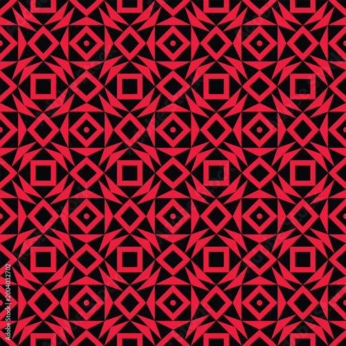 Seamless geometric pattern with red diamond and square motifs on black. Perfect for bandanas, shirts, rugs, wallpapers, tiles, and interior decor. Bold, ethnic-inspired abstract vector design.