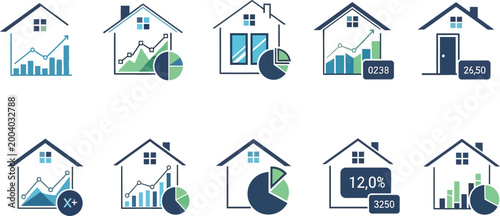Real estate and financial growth icons houses with data visualizations