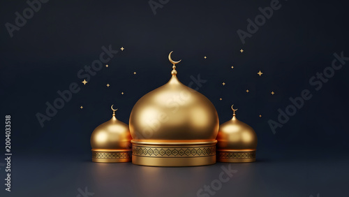 Golden Mosque Domes with Crescent Moon on Dark Blue Ramadan Background
