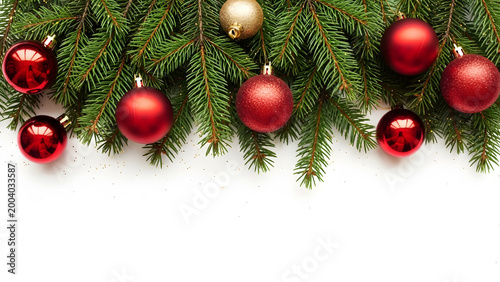 Christmas background with fir branches and red baubles on white