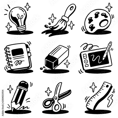 Hand Drawn Creative Tools Doodle Icon Set with Pencil Brush Palette and Design Elements