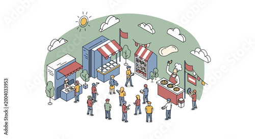 Community festival with people gathering at an outdoor event with food stalls and booths.