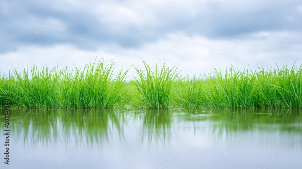 Fototapeta premium Lush green rice field with vibrant grass growing above water, reflecting cloudy sky, showcasing agricultural landscape in a serene rural setting, emphasizing natural beauty and cultivation practices