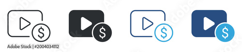 Video monetization icon set. media player with dollar symbol. online content revenue concept. vector illustration.