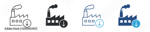 Industrial production decline icon set. factory with downward arrow. manufacturing and economy concept. vector illustration.