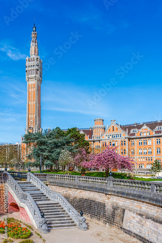 Lille, Hauts de France, France: Belfry tower and town hall in old town Lille; travel landmark and tourist attraction