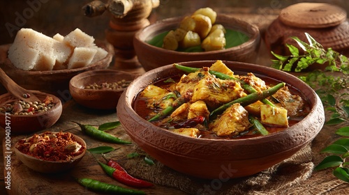 A traditional Indian dish served in a clay bowl with various spices and ingredients on a wooden table