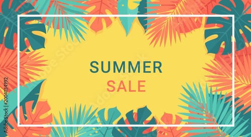 Tableau sur toile Summer Sale Banner Background with Colorful Tropical Leaves Frame and Flat Desig