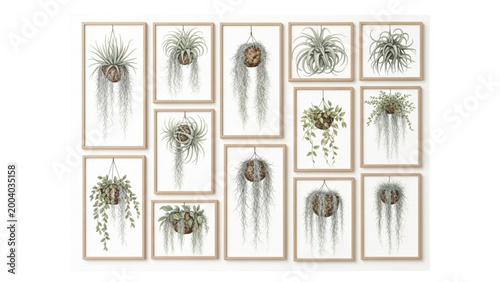 Collection of hanging air plants in modern wooden frames on a white background
