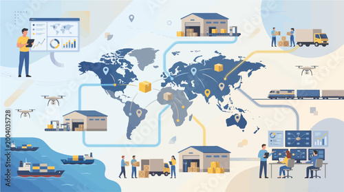 Tableau sur toile Global logistics and supply chain management illustrated with interconnected wor