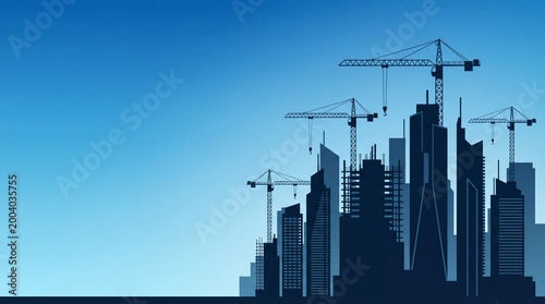 Construction progress in a dynamic urban skyline cityscape graphic illustration blue gradient background aerial view minimal construction concept