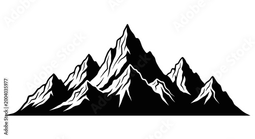 Snowy mountain range landscape in black and white minimalist illustration style high contrast graphic design element