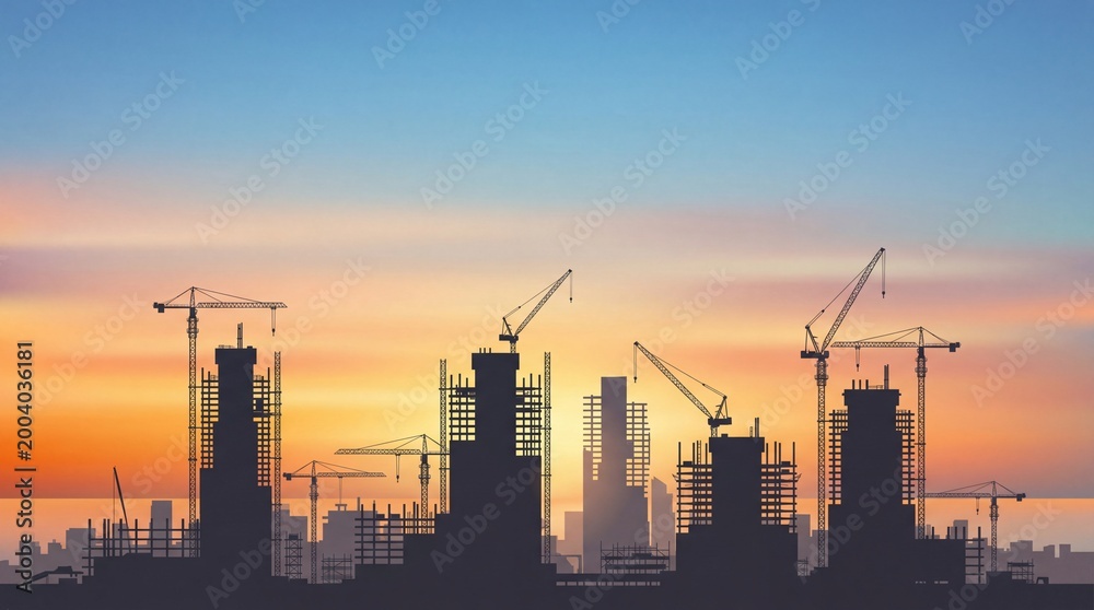 Obraz premium Construction skyline with cranes at sunset urban landscape photography city environment wide angle view modern development