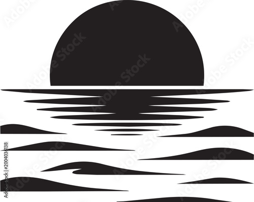 a striking black silhouette depicting a setting sun over a calm ocean