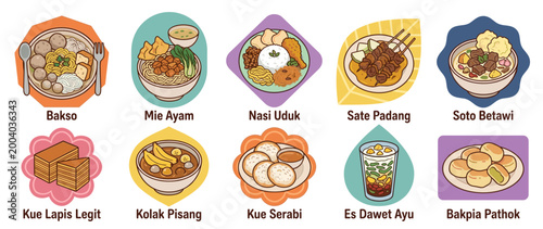 Traditional Indonesian dishes vector graphic illustration with ten popular meals