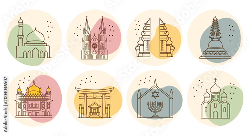 Vector illustration of diverse religious buildings from around the world