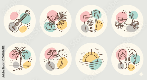 Colorful vector illustrations of beach and travel icons, including guitar, flower, passport, scooter, palm tree, cocktail, sun, and flip flops.