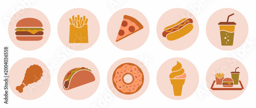 Vector graphic illustration of various fast food items and snacks