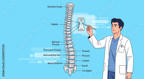 Doctor explaining human spine anatomy with vertebral column diagram and labels