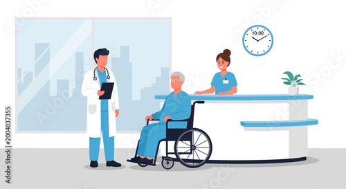 Doctor and Nurse Assist Elderly Patient in Wheelchair at Hospital Reception