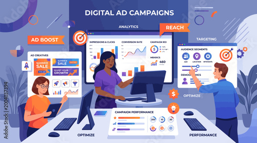 Quadro su tela Diverse team collaborating on digital ad campaigns strategizing marketing growth